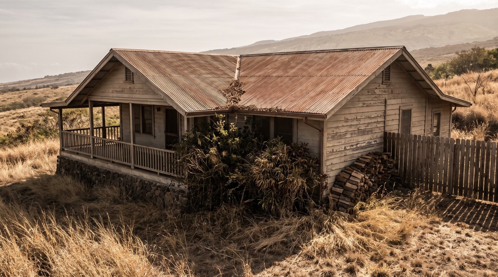 A single storey plantation style home on a dry grassy lot in upcountry Maui, with tall cured grass running up to the foundation, shrubs against the walls, firewood stacked on the siding and a wooden fence meeting the house.