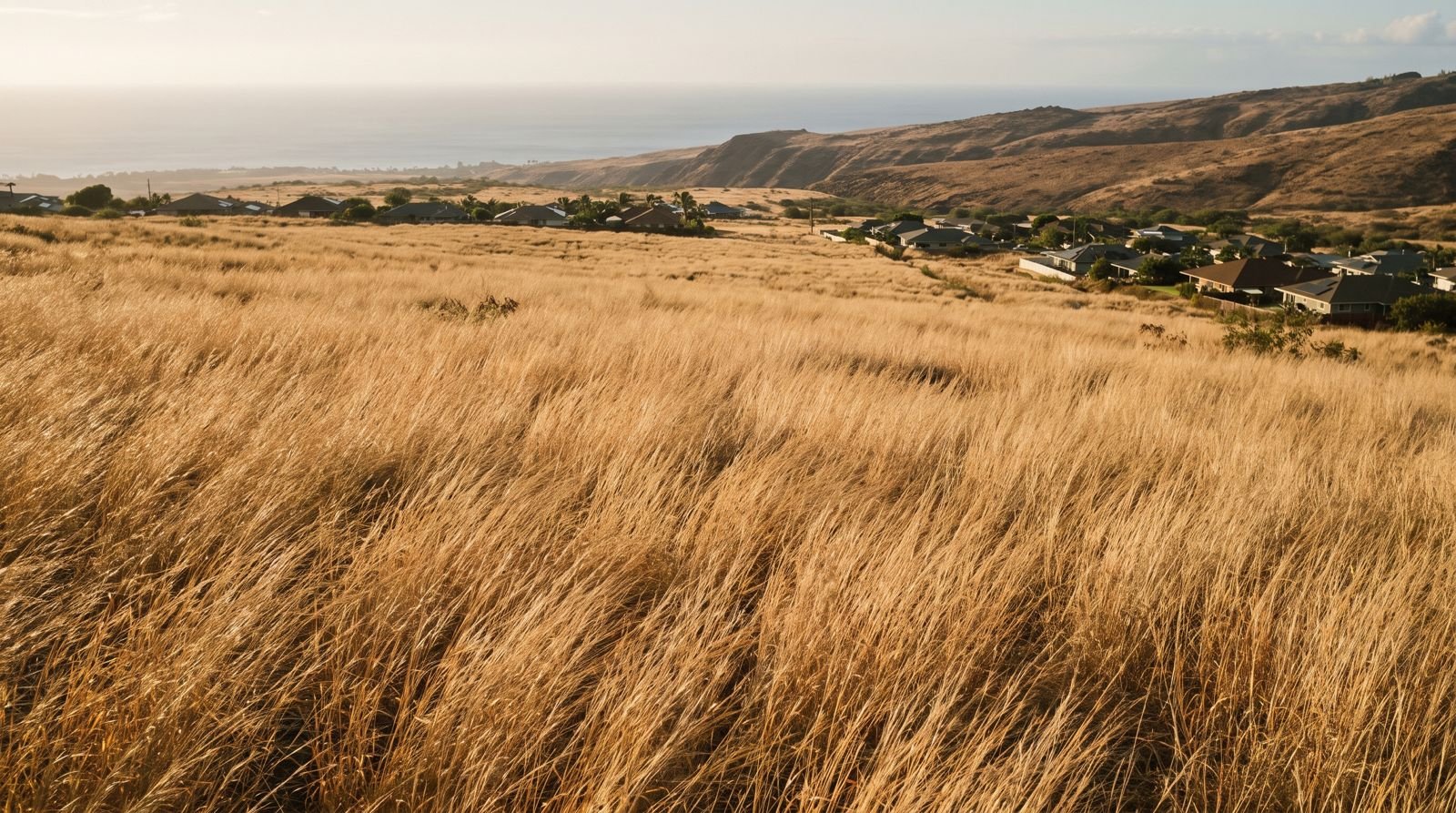 Leeward Maui in late summer, an unbroken field of tall dry grass running downslope toward a cluster of houses, dry ridges and the ocean beyond.